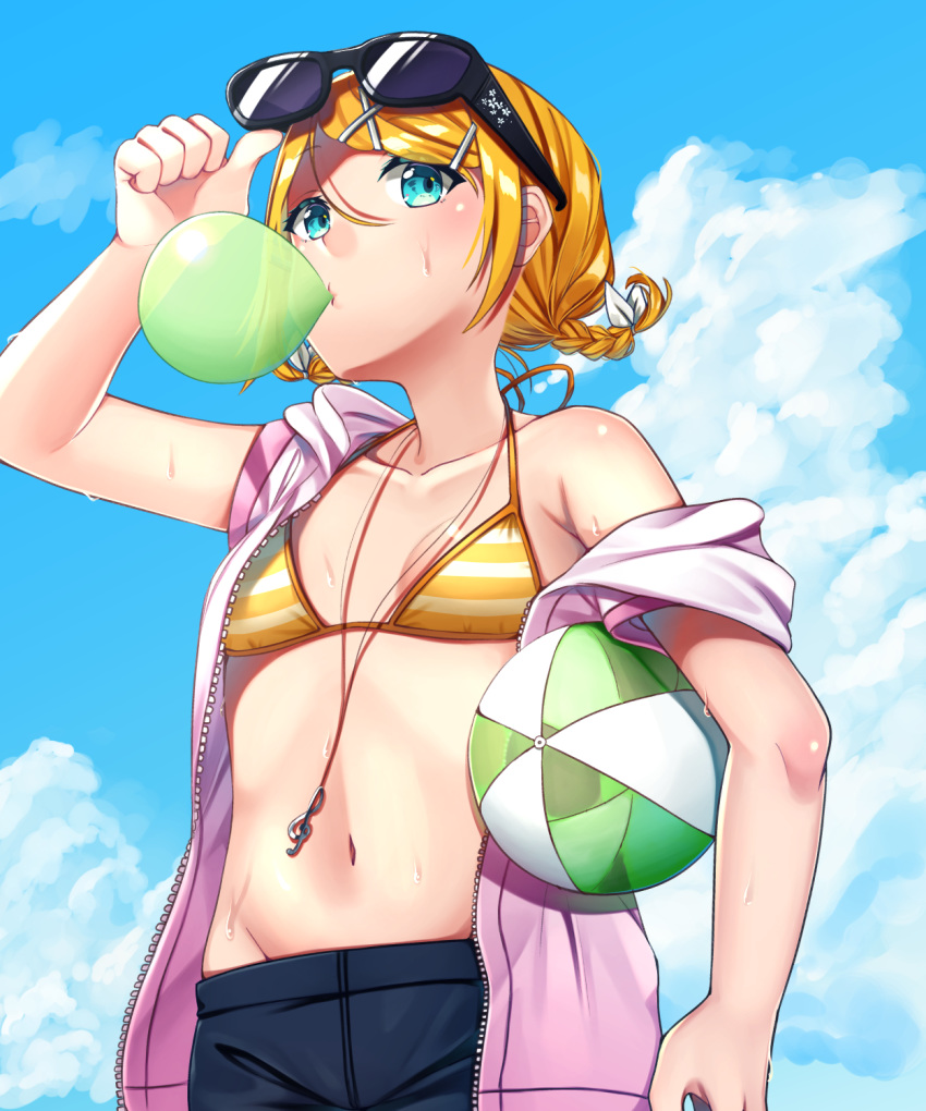 1girl adjusting_eyewear ball beachball bikini_top blonde_hair blue_eyes blue_sky blush bow braided_ponytail bubble_blowing chewing_gum cloud cloudy_sky commentary eyewear_on_head floral_print from_below hair_bow hair_ornament hairclip hand_up highres holding_beachball inu8neko jacket jacket_removed jewelry kagamine_rin looking_at_viewer midriff navel necklace short_hair shorts shoulder_blush sky solo sunglasses swimwear thumbs_up treble_clef vocaloid water_drop