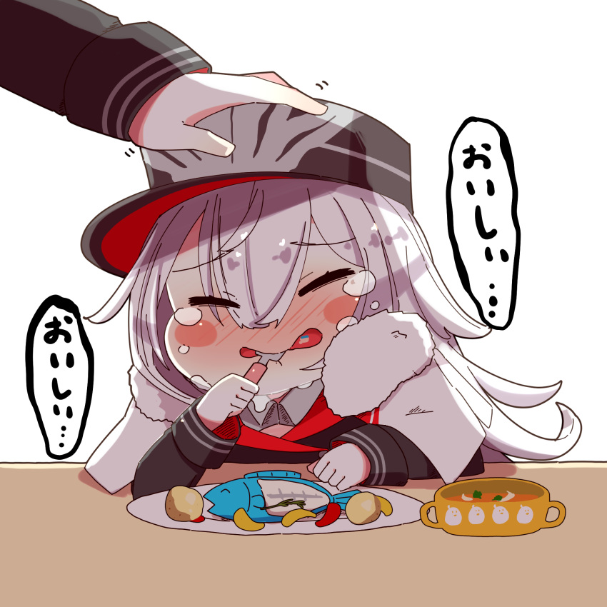 2girls azur_lane bangs black_headwear cape closed_eyes collared_shirt commentary_request crying cup eating fish fork fur-trimmed_cape fur_trim graf_zeppelin_(azur_lane) hair_between_eyes hand_on_another's_head hat highres holding holding_fork horoyuki_(gumizoku) long_sleeves military_hat multiple_girls petting shirt silver_hair sitting table tears translation_request zeppelin-chan_(azur_lane)