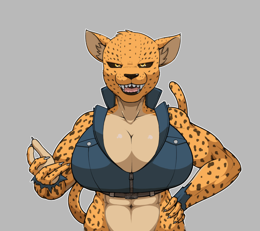 2019 abs anthro big_breasts black_sclera bloody_roar breasts claws cleavage clothed clothing digital_media_(artwork) felid female freepancakes fur hi_res jacket leopard mammal muscular muscular_female open_mouth pantherine sharp_teeth shina_(blooy_roar) simple_background smile solo spots spotted_fur teeth topwear video_games