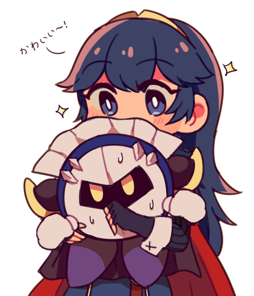 black_cape blue_eyes blue_hair cape fingerless_gloves fire_emblem gloves highres hug kirby_(series) looking_at_another lucina mask meta_knight nacooo23 pauldrons red_cape sparkle super_smash_bros. sweat tiara white_mittens yellow_eyes