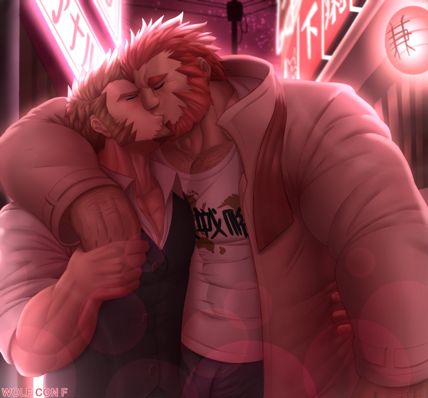 2boys abs arm_hair arm_over_shoulder bara beard blush body_hair brown_hair chest chest_hair closed_eyes coat commissioner_upload f_con facial_hair fate/grand_order fate/zero fate_(series) french_kiss hand_on_another's_chest hand_on_another's_waist highres holding_hands kiss light_bulb long_sleeves male_focus manly multiple_boys muscle napoleon_bonaparte_(fate/grand_order) open_clothes open_vest pants pectorals red_hair rider_(fate/zero) scarf shirt t-shirt vest yaoi