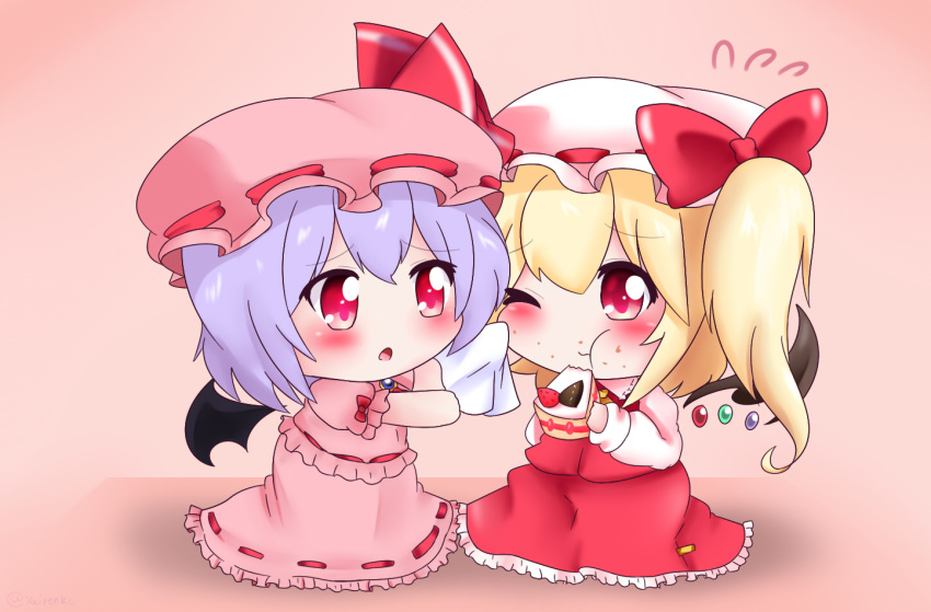 2girls :t bat_wings blonde_hair blue_hair blush brooch cake chibi crumbs eating flandre_scarlet flying_sweatdrops food food_on_face fruit gradient gradient_background hat hat_ribbon holding holding_food jewelry looking_at_another mob_cap multiple_girls napkin one_eye_closed pink_background pink_headwear pink_shirt pink_skirt puffy_short_sleeves puffy_sleeves red_eyes red_skirt red_vest remilia_scarlet ribbon shirt short_hair short_sleeves siblings side_ponytail sisters skirt skirt_set slice_of_cake strawberry symbol_commentary touhou triangle_mouth vest wings yairenko