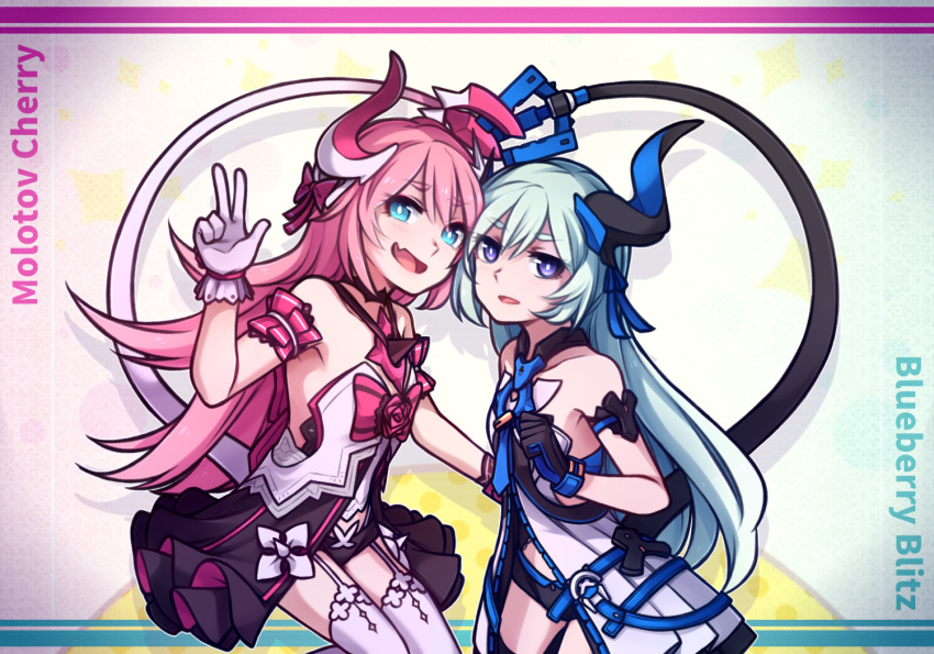 2girls :d aqua_eyes aqua_hair bangs bare_shoulders black_gloves blush commentary curled_horns dress english_commentary eyebrows_visible_through_hair fang flat_chest garter_straps gloves hair_between_eyes hair_ornament hair_ribbon heart_tail_duo honkai_(series) honkai_impact_3rd horns liliya_olyenyey long_hair looking_at_viewer micro_shorts multiple_girls open_mouth parted_lips pink_hair purple_eyes ribbon rozaliya_olyenyey shorts skin_fang smile speckticuls tail thighhighs very_long_hair w white_garter_straps white_gloves white_legwear