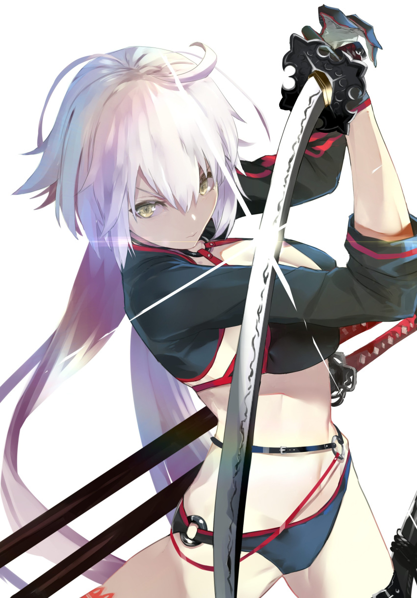 1girl absurdres ahoge bangs bikini black_bikini black_jacket border breasts cleavage closed_mouth commentary_request cropped_jacket fate/grand_order fate_(series) gleam gloves hair_between_eyes highres hip_focus jacket jeanne_d'arc_(alter_swimsuit_berserker) jeanne_d'arc_(fate)_(all) katana kumonji_aruto large_breasts long_hair navel o-ring sheath shrug_(clothing) simple_background solo swimsuit sword very_long_hair weapon white_background yellow_eyes