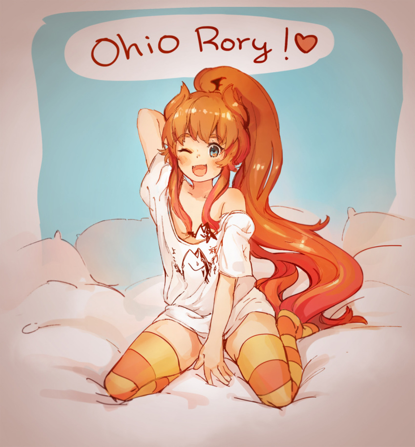 1girl :d arm_between_legs arm_up bed_sheet blue_eyes character_request clothes_writing copyright_request fangs heart highres horizontal_stripes k_(sktchblg) long_hair looking_at_viewer one_eye_closed open_mouth orange_legwear pillow ponytail shirt short_sleeves smile solo speech_bubble spoken_heart striped striped_legwear t-shirt thighhighs translation_request very_long_hair white_bed_sheet white_pillow white_shirt zettai_ryouiki