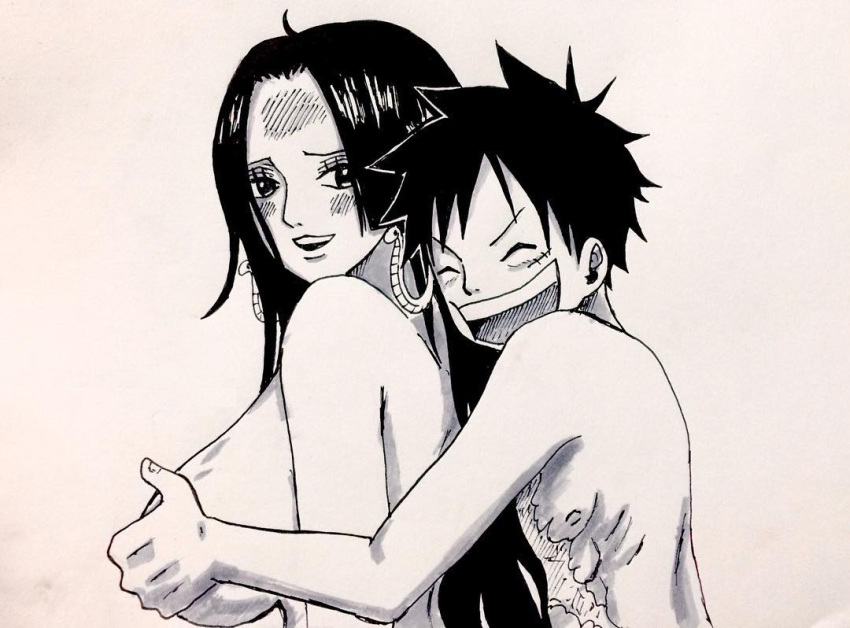 1girl black_hair boa_hancock breast_grab breasts curvy grabbing large_breasts long_hair monkey_d_luffy nude one_piece smile