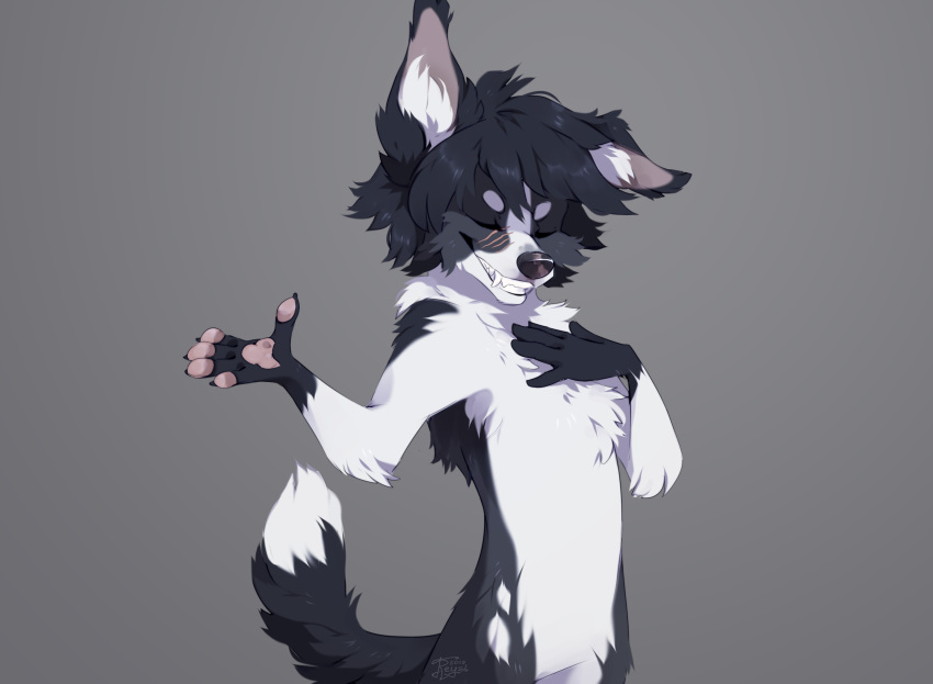 2019 5_fingers ambiguous_gender anthro black_fur black_hair canid canine canis digital_media_(artwork) domestic_dog eyes_closed fingers fur grey_background hair hi_res mammal reysi simple_background smile solo standing white_fur