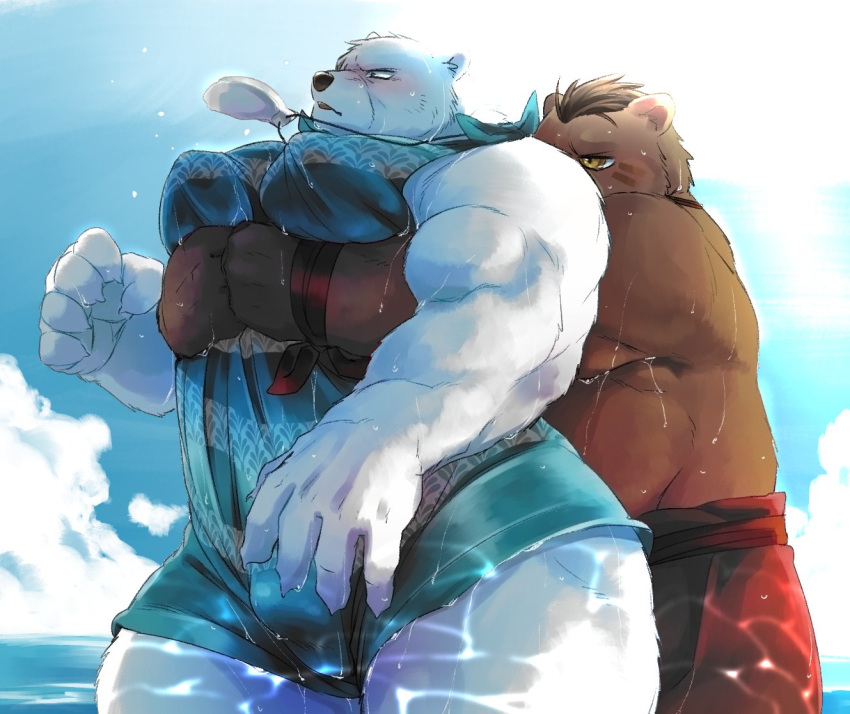 00makumakuma00 2019 anthro belly blush bottomwear brown_fur bulge clothing crushfang_(sdorica_sunset) dagger_(sdorica_sunset) duo fur hug hugging_from_behind humanoid_hands male male/male mammal overweight overweight_male polar_bear sdorica_sunset shorts ursid ursine water wet white_fur