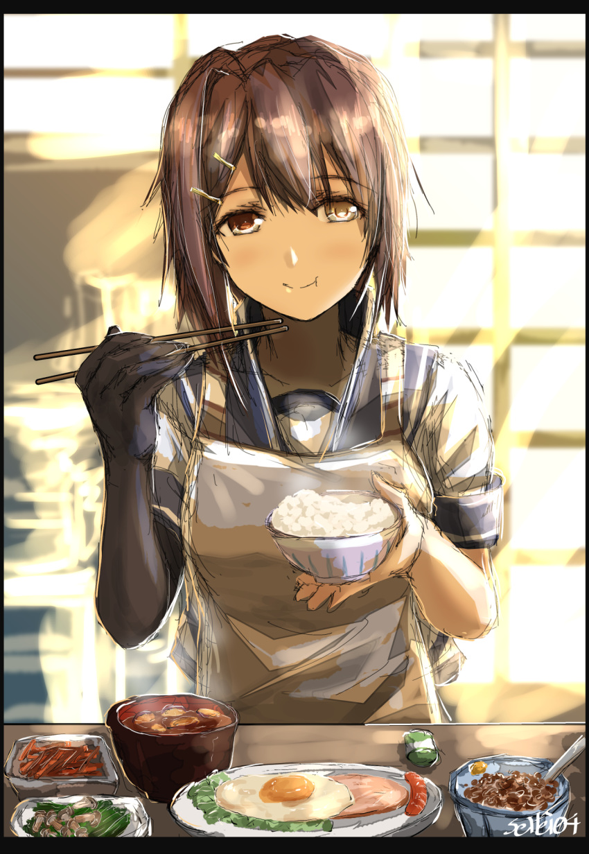 1girl apron bangs black_bodysuit black_border blush bodysuit border bowl breasts brown_eyes brown_hair chopsticks commentary eyebrows_visible_through_hair food food_in_mouth fried_egg furutaka_(kantai_collection) hair_ornament hairclip ham heterochromia highres holding holding_bowl holding_chopsticks indoors kantai_collection remodel_(kantai_collection) rice rice_bowl sausage school_uniform seitei_(04seitei) serafuku short_sleeves solo twitter_username upper_body yellow_eyes