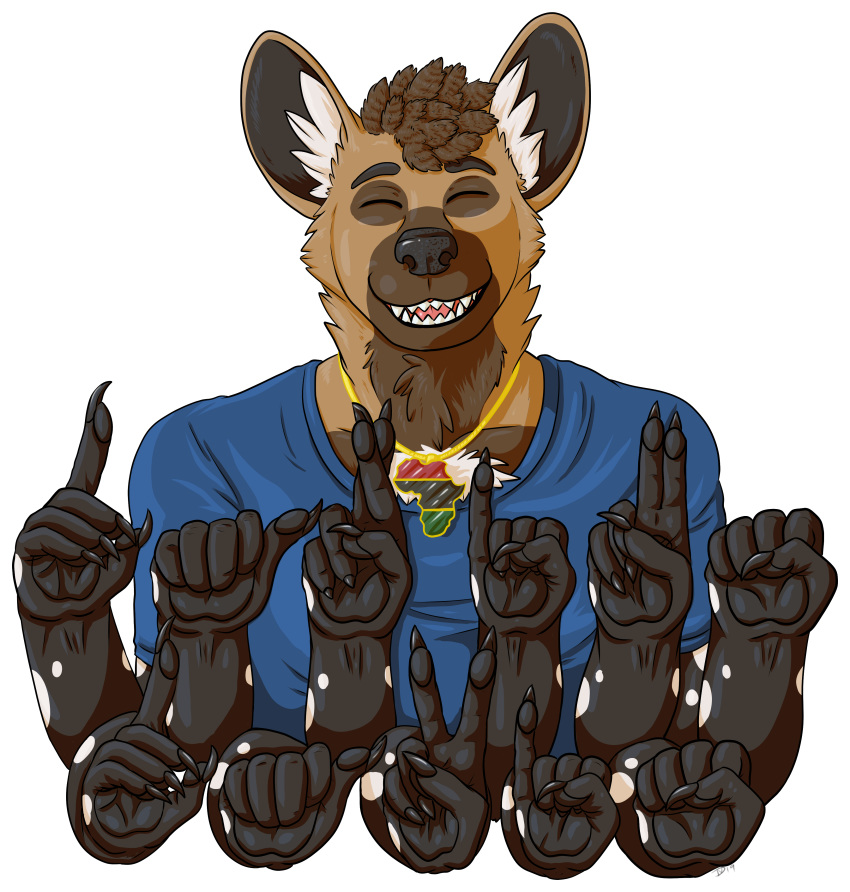 absurd_res african_wild_dog anthro asl black_nose canid canine canis claws clothed clothing darius_davis digital_media_(artwork) draga03 eyes_closed frohawk fur gold_(metal) gold_chain hair hi_res jewelry male mammal multicolored_fur sign_language