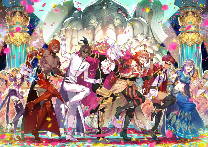\m/ ahoge arjuna_(fate/grand_order) ashwatthama_(fate/grand_order) bollywood brown_hair chest_jewel column commentary_request country_connection dancing dark_skin dark_skinned_male faceless faceless_female fate/apocrypha fate/grand_order fate_(series) ganesha_(fate) gloves hand_on_another's_head hat highres india indian_clothes kama_(fate/grand_order) karna_(fate) lakshmibai_(fate/grand_order) long_skirt matou_sakura midriff navel pants parvati_(fate/grand_order) petals pillar purple_hair rama_(fate/grand_order) red_hair redrop skirt statue thighhighs white_gloves white_hair