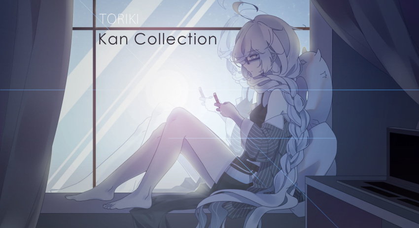1girl alternate_costume artist_name barefoot braid casual cellphone commentary_request enemy_lifebuoy_(kantai_collection) glasses highres kantai_collection long_hair open_clothes open_shirt phone reflection shinkaisei-kan shorts smartphone solo supply_depot_hime tank_top toriki very_long_hair white_hair