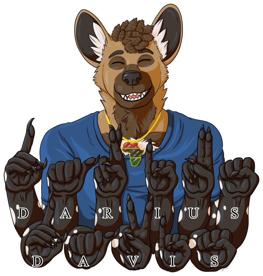 absurd_res african_wild_dog anthro asl black_nose canid canine canis claws clothed clothing darius_davis digital_media_(artwork) draga03 eyes_closed frohawk fur gold_(metal) gold_chain hair hi_res jewelry male mammal multicolored_fur nails necklace nude pawpads sign_language smile solo spots