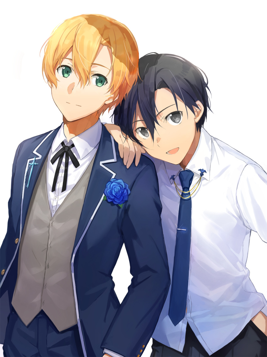 2boys black_hair black_ribbon blazer blonde_hair blue_flower blue_jacket blue_neckwear commentary_request eugeo eyebrows_visible_through_hair flower green_eyes hair_between_eyes hand_on_shoulder highres jacket kirito long_sleeves looking_at_viewer male_focus multiple_boys necktie ogura_ari pants ribbon shirt short_hair simple_background smile sword_art_online sword_art_online_alicization upper_body white_background white_shirt