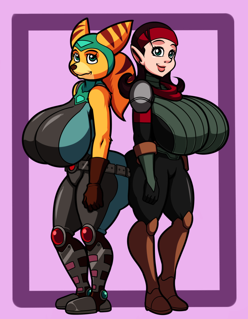 2019 angela_cross animal_humanoid anthro big_breasts breasts brown_fur brown_hair clothed clothing digital_media_(artwork) duo female fur green_eyes hair hi_res humanoid lombax mammal ratchet_and_clank simple_background smile stripes superbunnygt talwyn_apogee video_games
