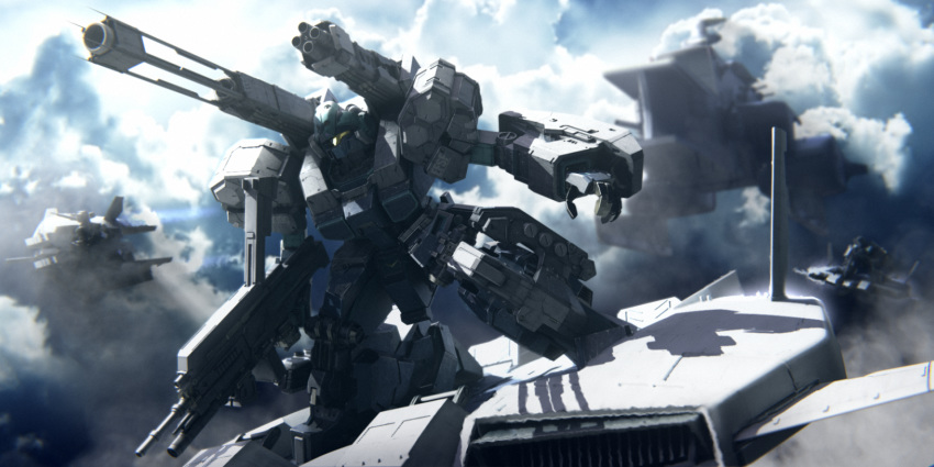 aircraft armor base_jabber battleship beam_cannon beam_rifle cloud commentary_request energy_gun flying gatling_gun gundam gundam_unicorn highres igaraigara jesta mecha military military_vehicle missile_pod no_humans realistic science_fiction ship sky warship watercraft weapon