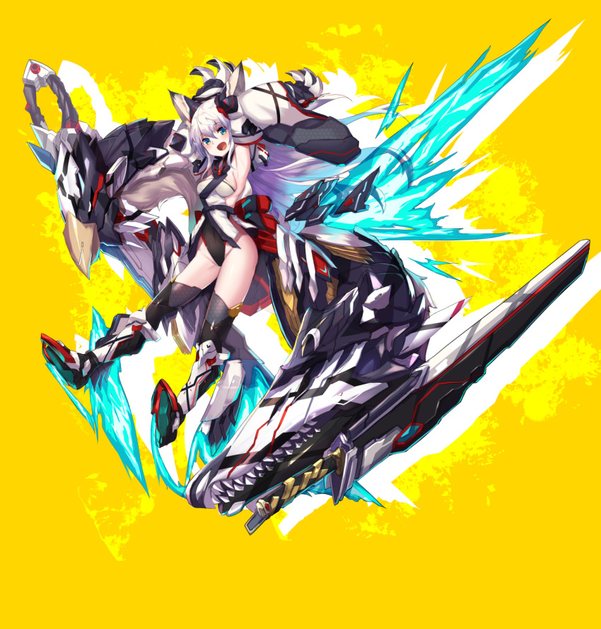 1girl animal_ears arms_up bangs blue_eyes blush boots claws detached_sleeves eyebrows_visible_through_hair fox_ears haik hair_between_eyes headgear highleg highleg_leotard highres leotard long_hair looking_at_viewer open_mouth original solo sword thighhighs weapon white_hair yellow_background