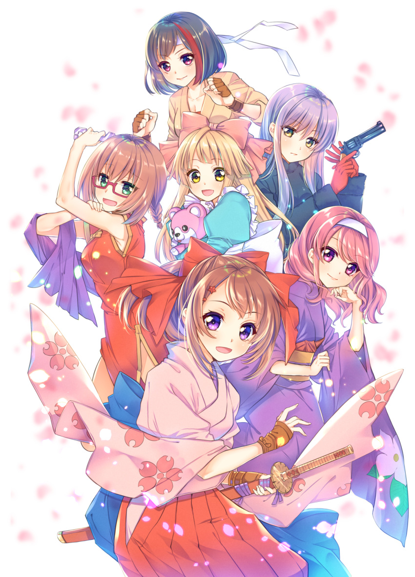 6+girls :d aqua_dress arm_up bang_dream! bangs black_hair blonde_hair blush breasts brown_hair cherry_blossoms china_dress chinese_clothes coat collarbone cosplay dougi dress expressionless fingerless_gloves frills gloves green_eyes gun hair_ribbon hairband hakama hand_on_own_cheek handgun head_tilt headband highres holding holding_gun holding_sword holding_weapon iris_chateaubriand iris_chateaubriand_(cosplay) japanese_clothes kanzaki_sumire kanzaki_sumire_(cosplay) karate_gi katana kimono kirishima_kanna kirishima_kanna_(cosplay) long_hair looking_at_viewer maria_tachibana maria_tachibana_(cosplay) minato_yukina mitake_ran multiple_girls obi open_mouth petals pink_kimono puffy_sleeves purple_eyes purple_hair purple_kimono red-framed_eyewear red_dress revolver ri_kouran ri_kouran_(cosplay) ribbon sakura_taisen sash semi-rimless_eyewear sheath sheathed shinguuji_sakura shinguuji_sakura_(cosplay) short_sleeves side_slit sidelocks simple_background smile stuffed_animal stuffed_toy sword teddy_bear toyama_kasumi tsurugi_hikaru tsurumaki_kokoro under-rim_eyewear weapon wide_sleeves wrench yamato_maya yellow_eyes