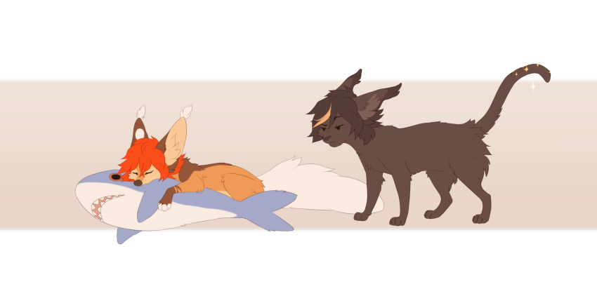 2019 black_fur black_hair blahaj brown_fur brown_nose canid canine digital_media_(artwork) duo ferral fox fur hair hi_res lying mammal orange_fur orange_hair paws reysi shark_plush simple_background sleeping