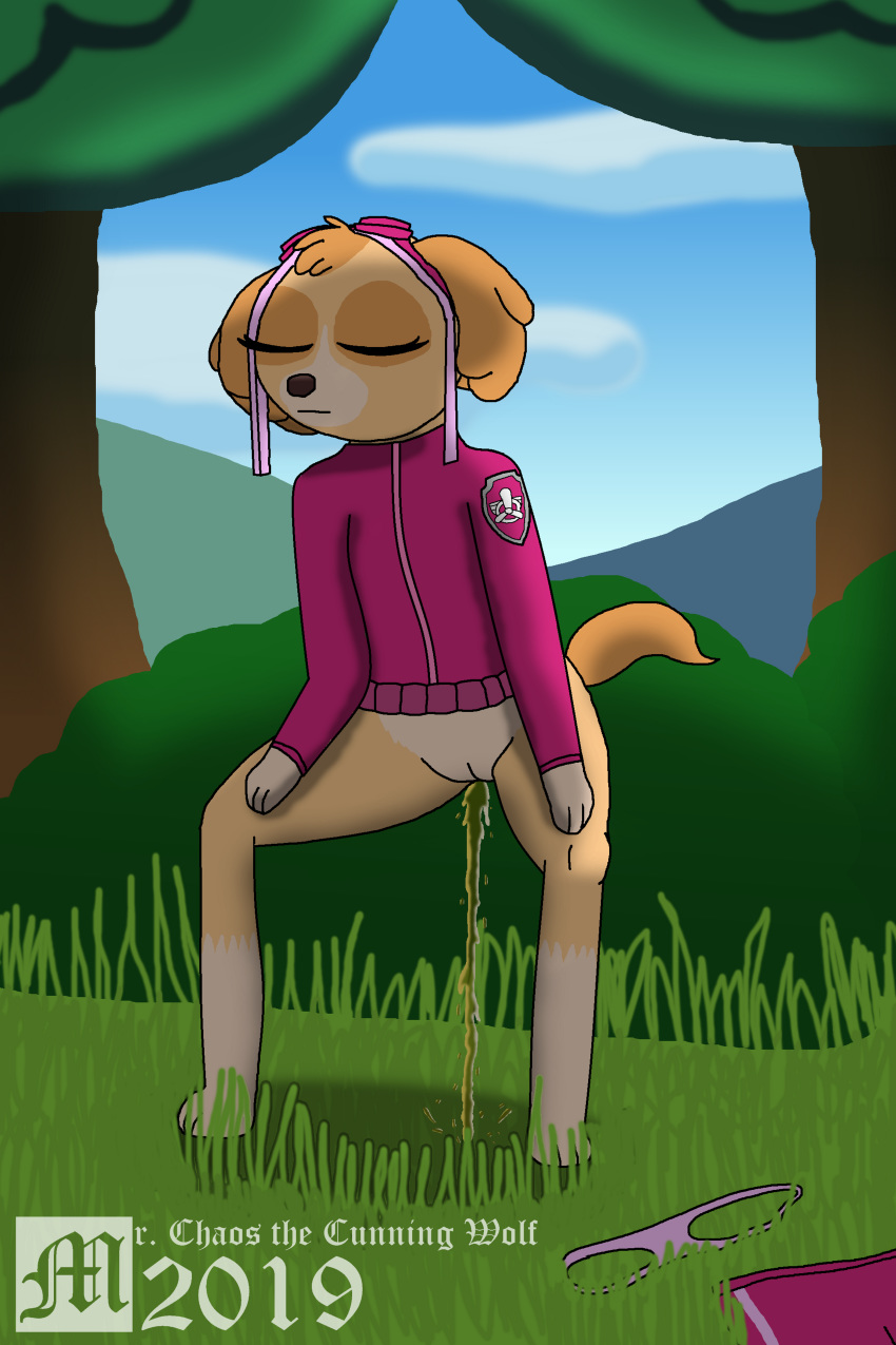 absurd_res anthro bodily_fluids bottomless canid canine canis clothed clothing domestic_dog female fur genital_fluids half_clothed hi_res mammal mrchaosthecunningwolf_(artist) paw_patrol peeing pussy solo tagme urine watersports