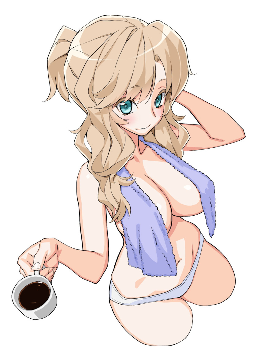 1girl alternate_hairstyle arm_behind_head arm_up blonde_hair blue_eyes blue_towel blush breasts coffee coffee_mug commentary_request cowboy_shot cropped_legs cup eyebrows_visible_through_hair girls_und_panzer highres holding holding_cup kay_(girls_und_panzer) large_breasts looking_at_viewer medium_hair mug oomabu_shichirou open_mouth panties short_ponytail simple_background skindentation smile solo standing towel towel_around_neck underwear white_background white_panties