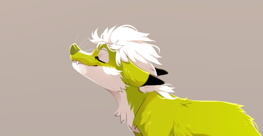 2019 ambiguous_gender canid canine digital_media_(artwork) eyes_closed feral fox fur green_fur green_nose grey_background hair hi_res mammal reysi simple_background smile solo teeth whiskers white_fur white_hair