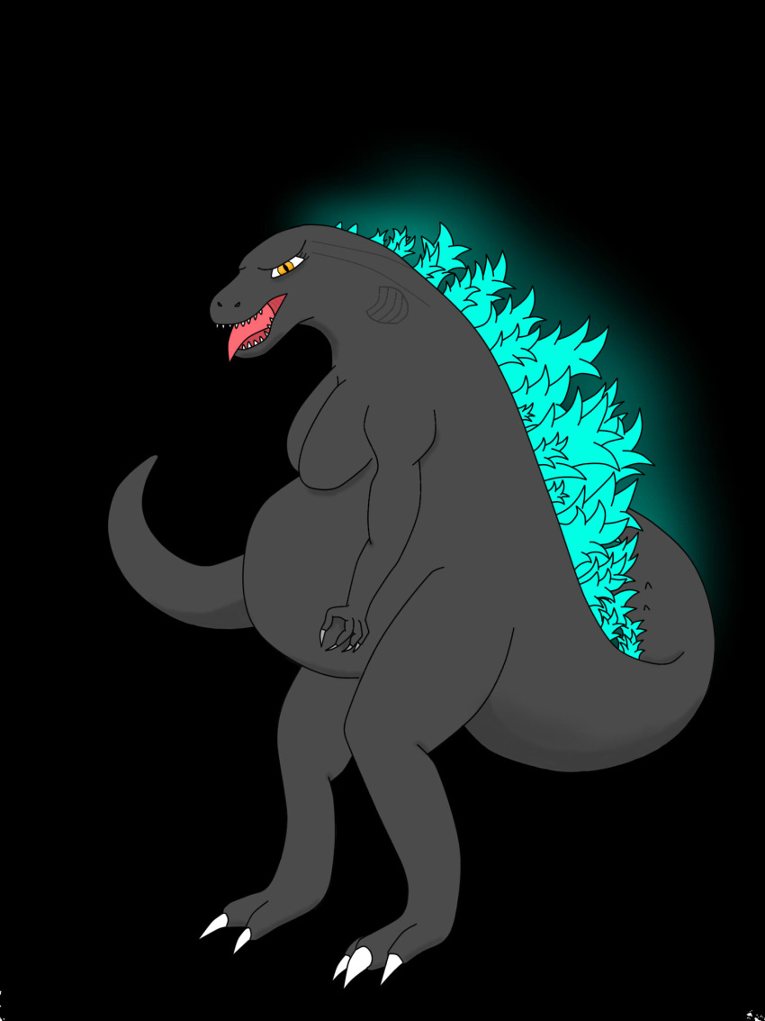black_background breasts claws digital_media_(artwork) female glowing godzilla godzilla_(series) hi_res holding_belly jack-o's_box kaiju looking_at_viewer open_mouth pregnant reptile scalie simple_background solo teeth toho tongue yellow_eyes