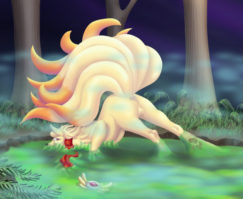 anus balls blush butt digital_drawing_(artwork) digital_media_(artwork) embarrassed feet feral glue hi_res invalid_tag male multi_tail ninetales nintendo paws pok&eacute;mon pok&eacute;mon_(species) raptorroper slime smile solo sticky stuck video_games