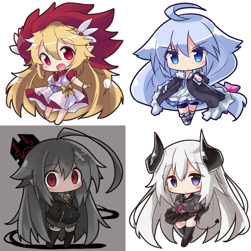 4girls :d absurdly_long_hair absurdres ahoge bangs barefoot bell black_jacket black_legwear black_panties black_sailor_collar black_shorts black_skirt blonde_hair blue_eyes blue_hair blush boots borrowed_character bow chibi closed_mouth commentary_request curled_horns dagger demon_girl demon_horns demon_tail dress eyebrows_visible_through_hair fang fur-trimmed_jacket fur_trim grey_footwear grey_hair grey_shirt hair_between_eyes hair_bow hair_ornament hands_in_pockets highres holding holding_dagger holding_weapon hood hood_down hooded_jacket horns jacket jingle_bell long_hair long_sleeves multicolored_hair multiple_girls neckerchief no_shoes open_clothes open_jacket open_mouth original panties pink_bow pleated_skirt pointy_ears puffy_short_sleeves puffy_sleeves purple_eyes red_eyes red_hair red_neckwear ryogo sailor_collar school_uniform serafuku shirt short_shorts short_sleeves shorts shorts_under_dress side-tie_panties skirt smile tail thighhighs two-tone_hair underwear very_long_hair weapon white_dress white_hair yellow_bow