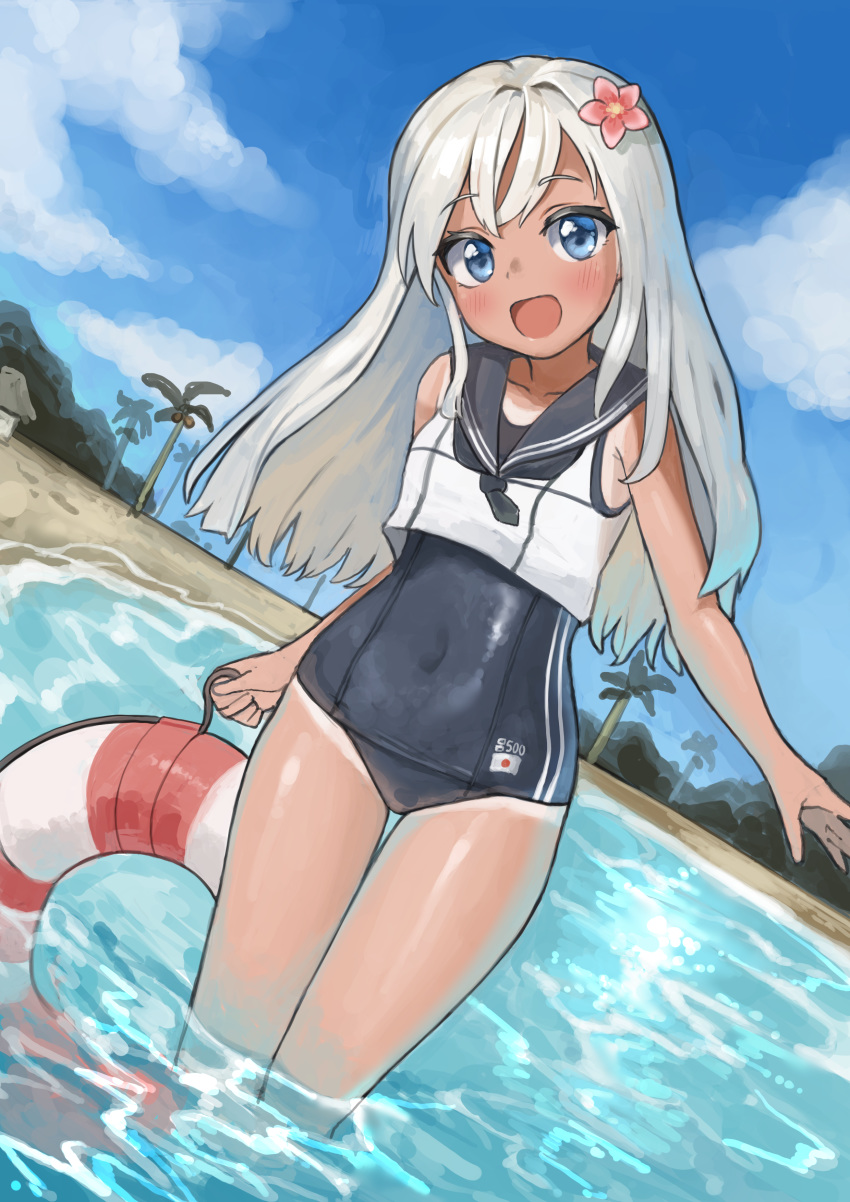 1girl :d absurdres bangs bare_shoulders beach blue_eyes blue_sky blush bracelet breasts cloud collarbone commentary_request crop_top day eyebrows_visible_through_hair flower hair_flower hair_ornament highres holding jewelry kantai_collection lifebuoy long_hair looking_at_viewer one-piece_swimsuit one-piece_tan open_mouth outdoors ro-500_(kantai_collection) sailor_collar school_swimsuit school_uniform seojinhui serafuku sky smile solo standing swimsuit swimsuit_under_clothes tan tanline tree wading water