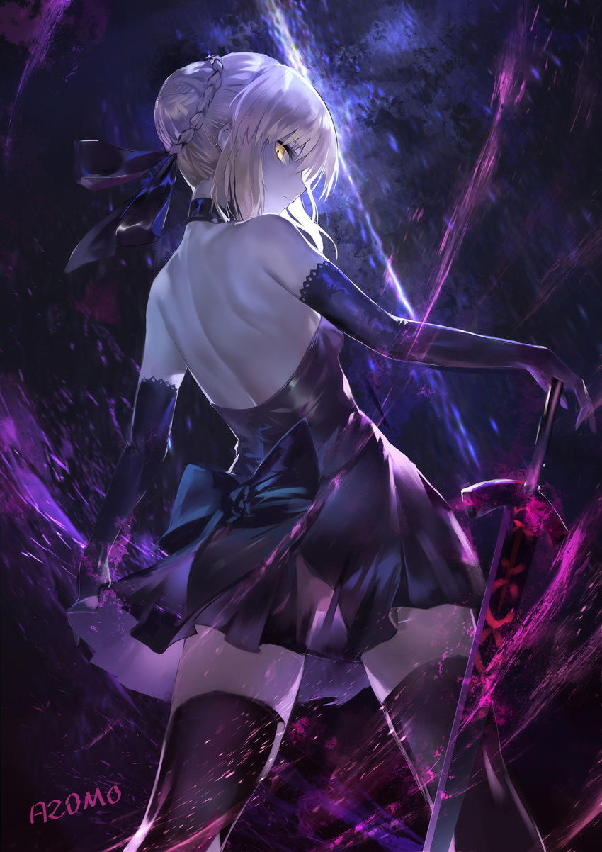 1girl artoria_pendragon_(all) ass azomo back bangs bare_shoulders black_dress black_gloves black_legwear black_ribbon blonde_hair braid breasts dark_excalibur dark_persona dress elbow_gloves fate/stay_night fate_(series) french_braid gloves hair_bun hair_ribbon highres holding holding_sword holding_weapon long_hair looking_at_viewer looking_back pale_skin ribbon saber_alter sidelocks small_breasts solo sword thighhighs thighs weapon yellow_eyes