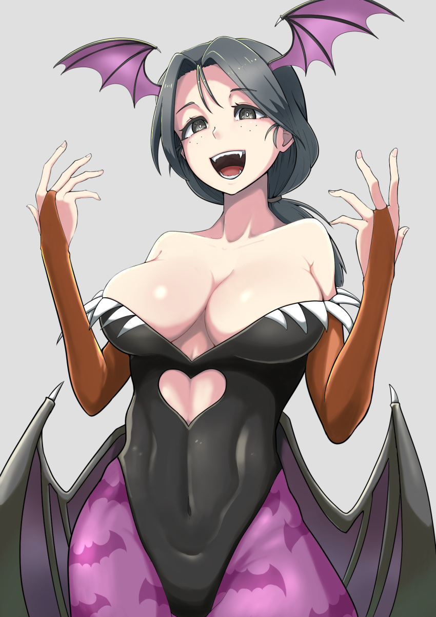 1girl animal_print bare_shoulders bat_print bat_wings black_leotard breasts bridal_gauntlets bright_pupils brown_gloves cleavage cosplay covered_navel cowboy_shot fangs freckles girls_und_panzer gloves grey_background grey_eyes grey_hair hair_tie halloween_costume head_wings heart_cutout highres large_breasts leotard long_hair looking_at_viewer low_wings morrigan_aensland morrigan_aensland_(cosplay) open_mouth pantyhose piyotan ponytail print_legwear purple_legwear ringer3727 simple_background smile solo vampire_(game) vampire_costume w_arms white_pupils wings