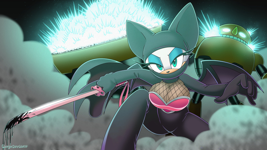 16:9 2019 absurd_res anthro big_breasts breasts chiropteran cleavage clothed clothing edit explosion female fully_clothed hi_res katana looking_at_viewer machine mammal melee_weapon ninja oil omegasunburst robot rouge_the_bat solo sonic_(series) sword weapon wings