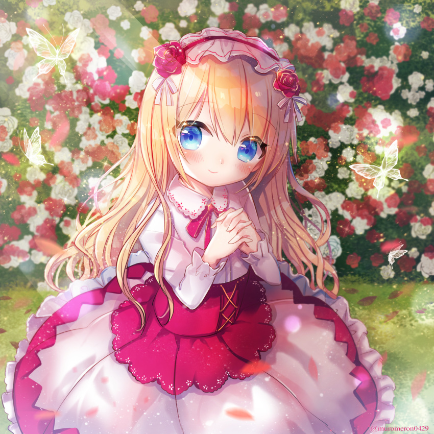 1girl animal bangs blonde_hair blue_eyes blush bow bug butterfly closed_mouth collared_shirt commentary_request day dress_shirt eyebrows_visible_through_hair flower hair_between_eyes hair_flower hair_ornament hairband hands_clasped hands_up highres insect kohaku_muro long_hair looking_at_viewer original outdoors own_hands_together red_bow red_flower red_hairband red_rose rose rose_bush shirt skirt smile solo sunlight twitter_username very_long_hair white_flower white_rose white_shirt white_skirt