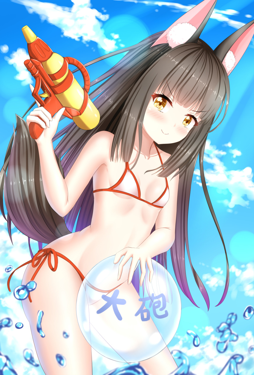 &gt;:) 1girl absurdres animal_ear_fluff animal_ears azur_lane ball bare_arms bare_legs bare_shoulders beachball bikini black_hair blue_sky breasts chinese_commentary cloud collarbone commentary_request cowboy_shot day denfunsan eyebrows_visible_through_hair fox_ears fox_tail highres hime_cut holding holding_ball holding_water_gun long_hair looking_at_viewer nagato_(azur_lane) outdoors sky small_breasts smile smug solo standing straight_hair string_bikini swimsuit tail trigger_discipline wading water water_drop water_gun white_bikini yellow_eyes