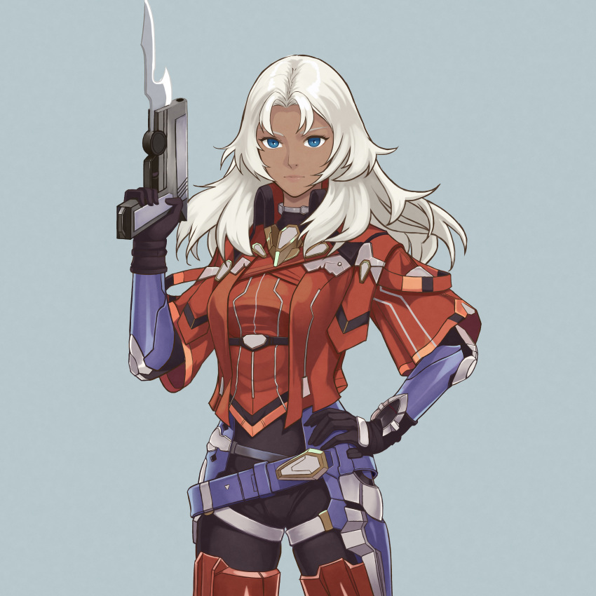 1girl absurdres armor black_bodysuit black_gloves blue_eyes bodysuit breasts dark_skin elma_(xenoblade_x) gloves grey_background gun hand_on_hip handgun highres long_hair looking_at_viewer medium_breasts orange_armor serious simple_background solo weapon white_hair xenoblade_chronicles_x