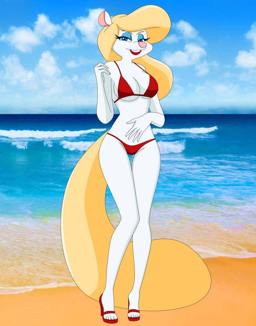 absurd_res animaniacs beach bikini blonde_hair clothing female footwear fur hair hi_res high_heels looking_at_viewer mammal minerva_mink mink mustelid musteline pervyangel sandals seaside shoes solo swimwear warner_brothers water white_fur