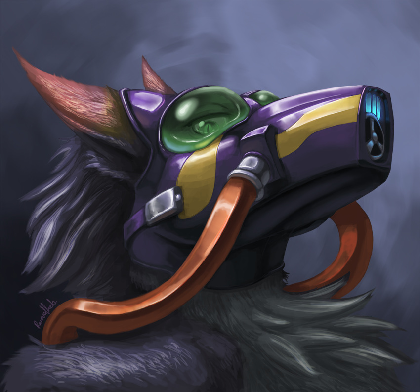 ambiguous_gender black_fur brown_fur chest_tuft fur gas_mask kronas looking_at_viewer mask ravensflock sergal signature tuft