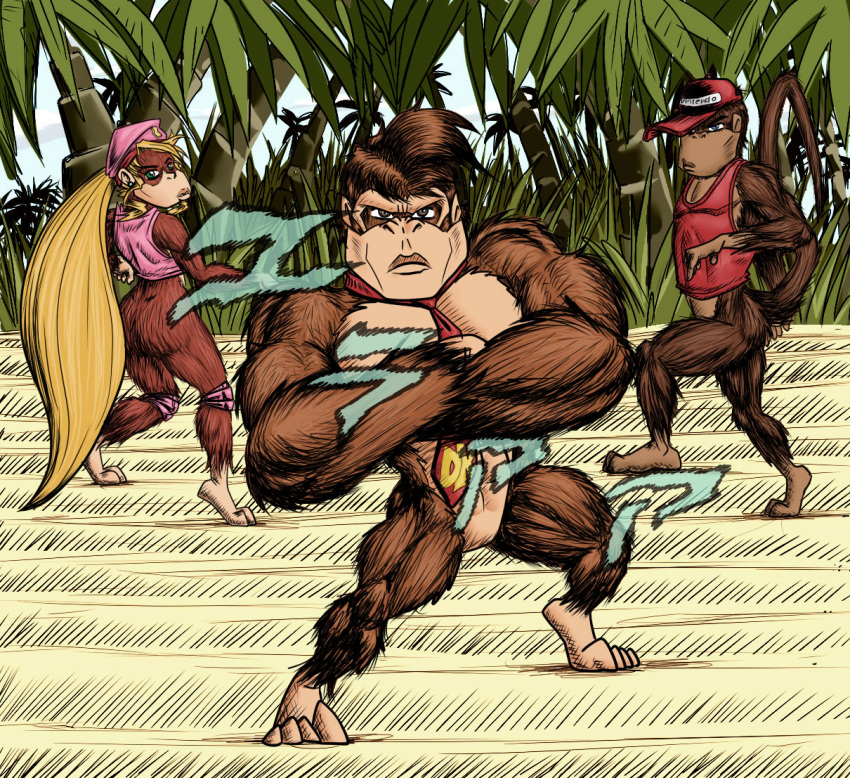 ape blue_eyes bottomless brown_eyes clothed clothing comic danger diddy_kong diddy_kong_racing dixie_kong donkey_kong_(character) donkey_kong_(series) featureless_crotch female gorilla green_eyes haplorhine jojo's_bizarre_adventure jojo_pose jungle kong looking_at_viewer mammal manga monkey necktie nintendo nintendo_64 nintendo_ds nintendo_ds_family parody partially_clothed pose primate rareware serious shesamonkey silly_background standing video_games