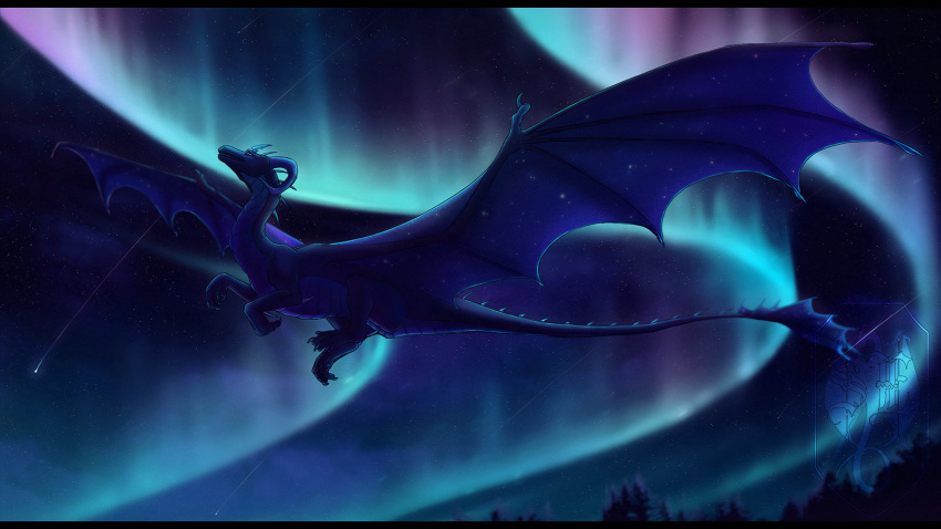 16:9 2019 blakc_bars claws cool_colors digital_media_(artwork) dragon feral hi_res horn membrane_(anatomy) membranous_wings night outside scalie sinistereternity smile solo spines starry_skt western_dragon wings