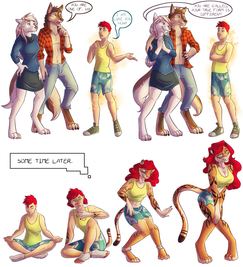 2016 absurd_res alpha_channel anthro barefoot big_breasts blue_eyes bottomwear breast_growth breasts canid canine canis clothing dialogue digitigrade felid female footwear gender_transformation green_eyes group hair hi_res human human_to_anthro legwear long_hair looking_at_viewer male mammal mtf_transformation pantherine red_hair scissorsrunner sequence shirt shoes shorts simple_background sitting skirt smile socks species_transformation standing surprise tiger topwear torn_clothing transformation transparent_background wolf