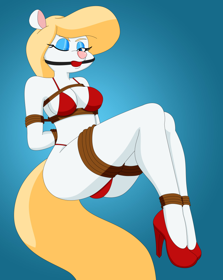 absurd_res animaniacs ball_gag bdsm bikini blonde_hair bondage bound clothing female footwear fur gag hair hi_res high_heels minerva_mink one_eye_closed pervyangel rope rope_bondage shoes simple_background solo swimwear warner_brothers white_fur wink