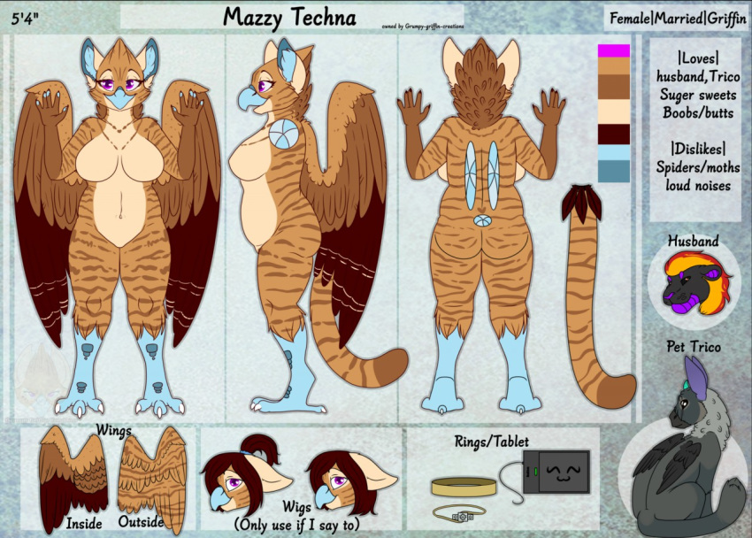 2019 anthro avian beak breasts butt digital_media_(artwork) feathered_wings feathers female fur grumpy_griffin_creations_(artist) gryphon hair looking_at_viewer mazzy_techna model_sheet nude simple_background smile solo standing text wings