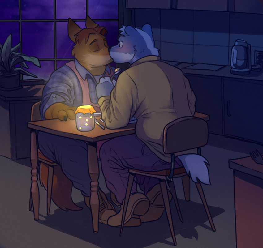 anthro canid canine chair clothing disney duo footwear gideon_grey glitter_trap_boy hi_res inside jay_wolfe kissing male male/male mammal night romantic sitting table window zootopia