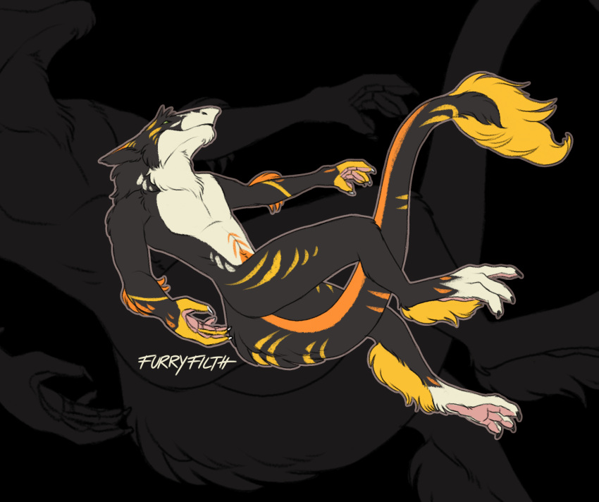 black_fur fur furryfilth green_eyes hi_res kronas lazy lying male orange_fur sergal signature smile white_fur yellow_fur