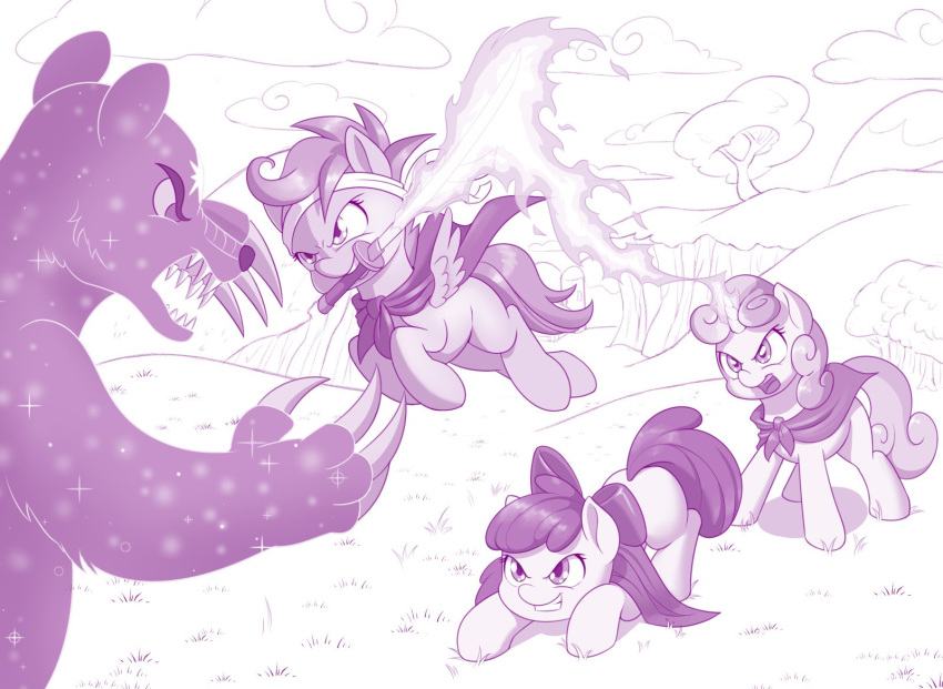 2019 apple_bloom_(mlp) cape clothing dstears equid equine female fire friendship_is_magic hi_res horn horse mammal melee_weapon monochrome my_little_pony pony pterippus scootaloo_(mlp) sweetie_belle_(mlp) sword unicorn ursa_minor_(mlp) weapon wings