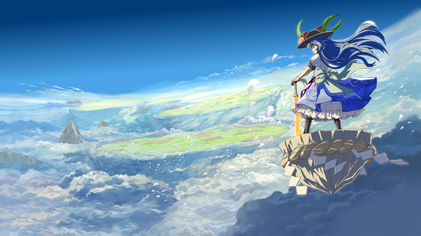 1girl above_clouds bangs black_headwear blue_hair blue_skirt blue_sky boots bow brown_footwear cloud commentary_request day floating_hair floating_island food from_behind fruit grey_bow highres hinanawi_tenshi keystone leaf long_hair mountain outdoors peach petals petticoat planted_sword planted_weapon puffy_short_sleeves puffy_sleeves red_eyes rock rope scenery shide shimenawa shirt shope short_sleeves skirt sky solo standing sword sword_of_hisou touhou very_long_hair weapon white_shirt