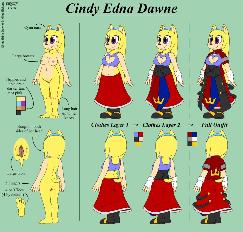 2019 4_toes 5_fingers anthro areola boots bottomwear breasts butt cindy_edna_dawne cleavage_cutout clothed clothing color_swatch crown dress drjavi eulipotyphlan female fingerless_gloves fingers footwear fur gloves hair handwear headgear headwear hedgehog hi_res long_hair long_labia mammal model_sheet nipples nude off/on purple_eyes pussy skirt solo sonic_(series) tiara toes topwear yellow_fur