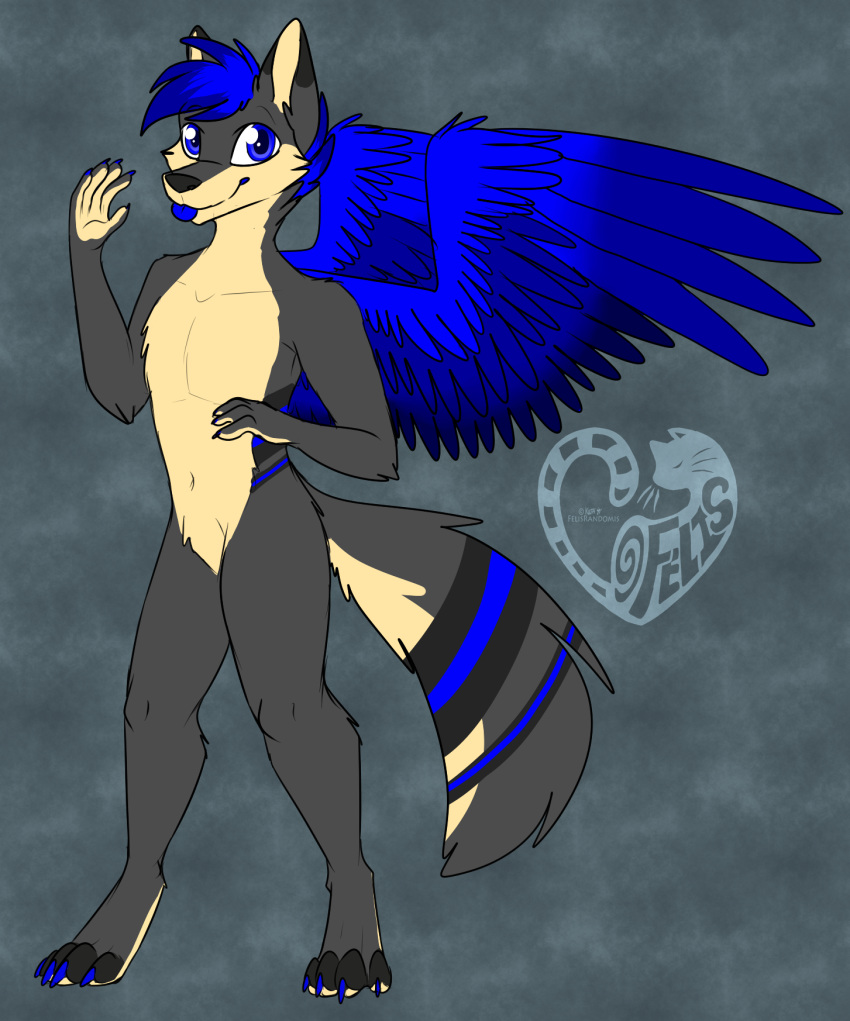 2019 4_toes 5_fingers anthro barefoot biped black_fur black_nose black_tail blep blue_claws blue_eyes blue_feathers blue_fur blue_hair blue_tail blue_tongue blue_wings canid canine claws digital_media_(artwork) digitigrade feathered_wings feathers featureless_crotch felisrandomis fingers fox front_view full-length_portrait fur grey_background grey_fur grey_tail hair hi_res looking_at_viewer male mammal multicolored_fur multicolored_tail naturally_censored nude portrait short_hair simple_background solo standing tan_fur tan_tail toe_claws toeless_(marking) toes tongue tongue_out wings