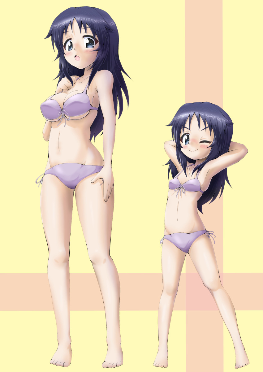 2girls :o ;) absurdres armpits arms_behind_head arms_up ass_visible_through_thighs bangs barefoot bikini blue_eyes blue_hair blush breasts child closed_mouth commentary daxz240r freckles front-tie_bikini front-tie_top girls_und_panzer groin hand_on_own_chest highres legs long_hair looking_at_viewer medium_breasts multiple_girls navel one_eye_closed open_mouth purple_bikini side-tie_bikini small_breasts smile standing swimsuit time_paradox v-shaped_eyebrows yamagou_ayumi yellow_background younger